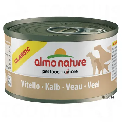 Konzerva almo nature CLASSIC, pet food + amore, Vitello Kalb Veau Veal, hmotnost 75 g nebo 145 g. Na obalu siluety psů a výživové údaje: bílkoviny 12 %, tuk 0,5 %, popel 1 %.