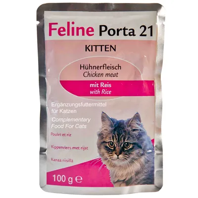 Feline Porta 21 Kitten csomag, Hühnerfleisch Chicken meat mit Reis with Rice, Ergänzungsfuttermittel für Katzen, 100 g, macska képe a csomagoláson