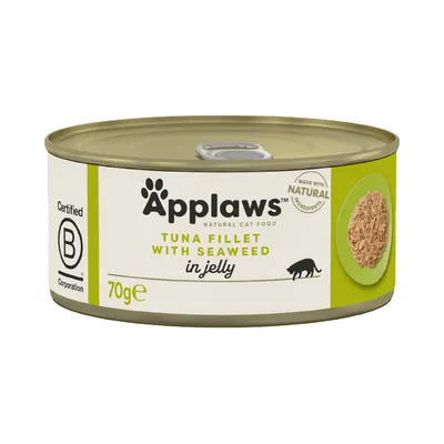 Applaws Natural Cat Food, Tuna Fillet with Seaweed in Jelly, 70 g. Certified B Corporation. Made with natural ingredients. Slika hrane na tanjuru prikazana na ambalaži.