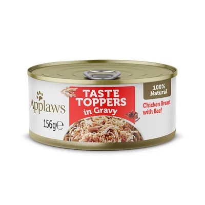 Applaws Taste Toppers in Gravy, 156g can, 100% natural, chicken breast with beef.