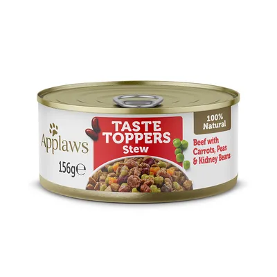 Applaws Taste Toppers Stew, 156g can. Ingredients: beef with carrots, peas and kidney beans. 100% natural.