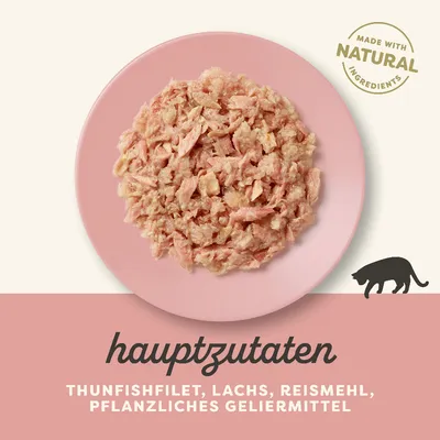 Thunfishfilet, Lachs, Reismehl, pflanzliches Geliermittel. Made with natural ingredients (texte en anglais). Hauptzutaten (texte en allemand).