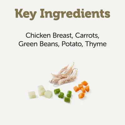 Main ingredients: chicken breast, carrots, green beans, potatoes, thyme. Ingredients visually shown in small portions.