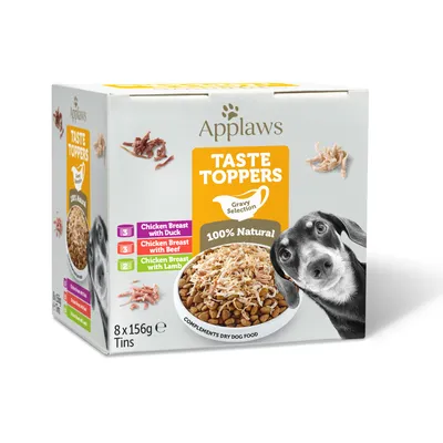 Applaws Taste Toppers Gravy Selection, 100% naturale. Varianti: petto di pollo con anatra, manzo o agnello. Complemento per crocchette. Confezione da 8 lattine da 156g.