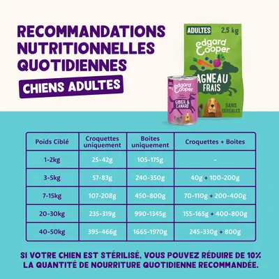 Recommandation d’alimentation pour chiens adultes : poids 1-50 kg, quantités journalières pour croquettes, pâtée et combinaison. Remarque : les chiens stérilisés ont besoin de 10 % de nourriture en moins.