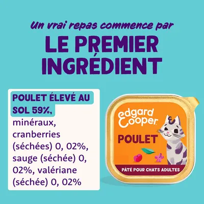 Edgard Cooper pâté pour chats adultes. Ingrédient principal : poulet 59 %, avec minéraux, canneberges séchées, sauge et valériane.