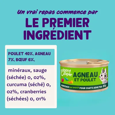 edgard cooper AGNEAU ET POULET, morceaux en sauce pour chats adultes 85g. Ingrédients visibles : poulet 40 %, agneau 7 %, bœuf 6 %, minéraux, sauge, curcuma, cranberries.