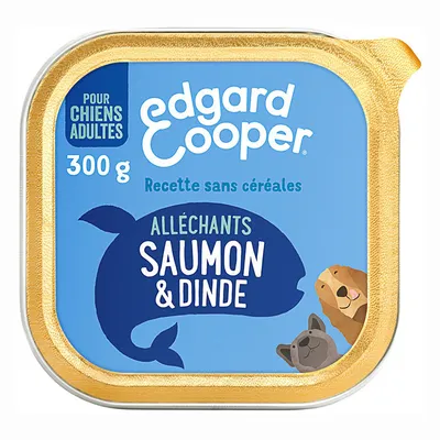 Barquette Edgard Cooper pour chiens adultes, 300 g, recette sans céréales, alléchants saumon & dinde. Texte et illustrations visibles sur l’emballage.