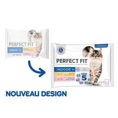 Perfect Fit Indoor 1+ en sauce, lot de 4x85g pour chat, ancien et nouveau design d’emballage visibles, variétés poulet petits pois et saumon carottes, mention Nouveau Design.