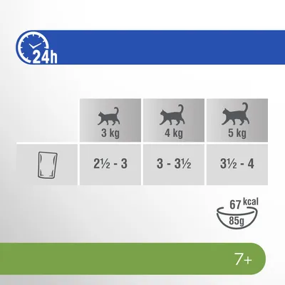 Zalecenia żywieniowe na 24h: kot 3 kg – 2½–3 saszetki, 4 kg – 3–3½ saszetki, 5 kg – 3½–4 saszetki. 67 kcal na 85 g. Wiek kota: 7+ lat.