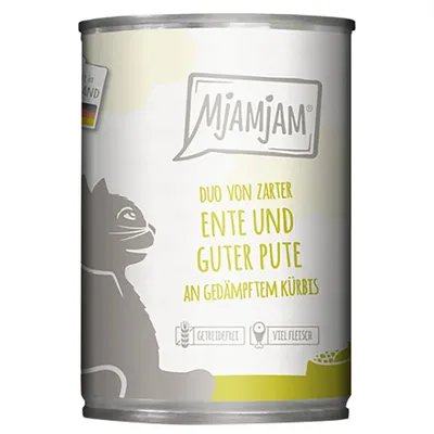 MjAMjAM Duo z jemné kachny a kvalitní krůty s dušenou dýní. Bez obilovin, vysoký obsah masa. Vyrobeno v Německu.