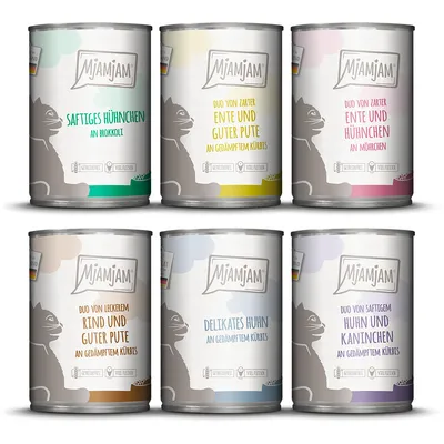 MjAMjAM cat food cans: juicy chicken with broccoli, duck and turkey with pumpkin, duck and chicken with carrots, beef and turkey with pumpkin, chicken with pumpkin, chicken and rabbit with pumpkin.