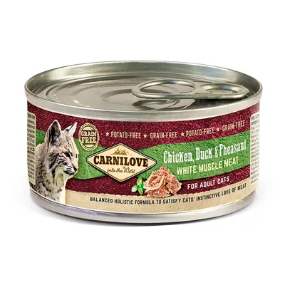 Консерва Carnilove Chicken, Duck & Pheasant White Muscle Meat за котки. Надписи: Grain-free, Potato-free, For adult cats. Изображение на рис и месо.