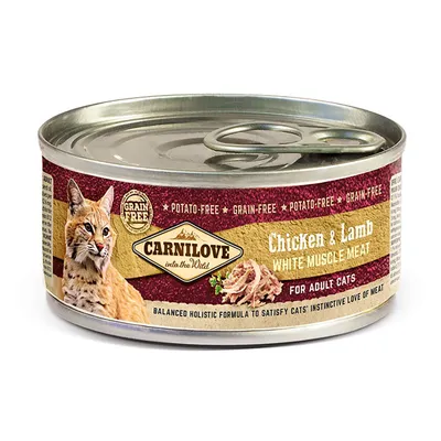 Консерва Carnilove Chicken & Lamb White Muscle Meat за котки. Текст: Potato-free, Grain-free, For adult cats, Balanced holistic formula to satisfy cats' instinctive love of meat.
