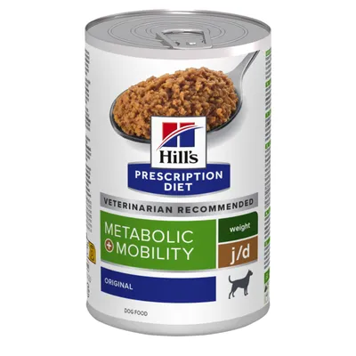 Hill's Prescription Diet Metabolic + Mobility Original, veterinarski preporučena hrana za pse za težinu i pokretljivost, konzerva s prikazom hrane.