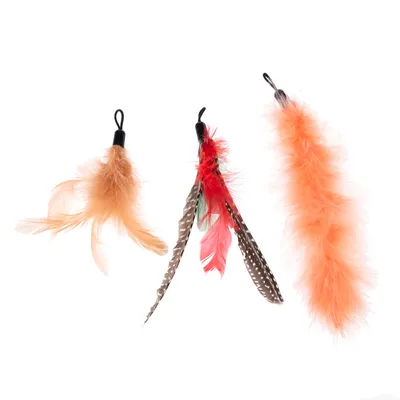 Trois jouets pour chat en plumes de différentes formes et couleurs, avec attaches noires visibles en haut de chaque jouet.