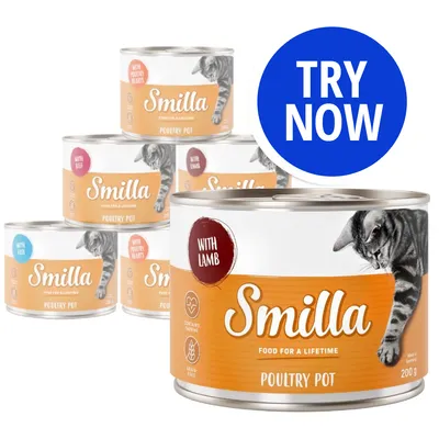 Selection of Smilla Poultry Pot tins with visible labels including 'with lamb', 'with beef', 'with fish', and 'with poultry hearts'. Blue circle with white text reads 'Try Now'.