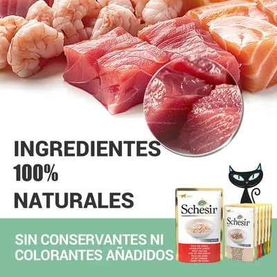 Schesir. Ingredientes 100% naturales. Sin conservantes ni colorantes añadidos. Imagen de trozos de pescado y marisco crudo junto a sobres de comida para mascotas Schesir.