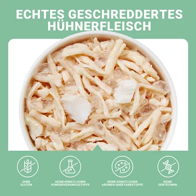 Echtes geschreddertes Hühnerfleisch. Ohne Gluten, keine künstlichen Konservierungsstoffe, keine künstlichen Aromen oder Farbstoffe, keine Gentechnik.