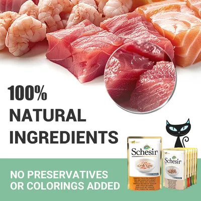 Schesir. 100% NATURAL INGREDIENTS. NO PRESERVATIVES OR COLORINGS ADDED. Nyers hal- és rákdarabok, Schesir tasakos termékek, fekete macska illusztráció. Szöveg angolul.