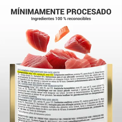 Texto: 'Mínimamente procesado. Ingredientes 100 % reconocibles'. Composición visible: atún 55 %, salmón 41 %, arroz 1,5 %. Latas abiertas con trozos de pescado crudo encima.
