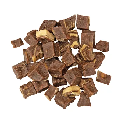 Braune, würfelförmige Snacks mit hellen Streifen, geeignet als Leckerli oder Belohnung für Haustiere.