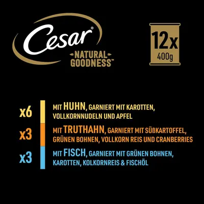 Cesar Natural Goodness. 12x400g: 6x Huhn mit Karotten, Vollkornnudeln und Apfel; 3x Truthahn mit Süsskartoffel, grünen Bohnen, Vollkornreis und Cranberries; 3x Fisch mit Bohnen, Karotten, Reis & Fischöl.