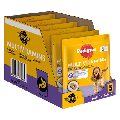 Pedigree Multivitamins Digestion, pakiranje 30 kosov. Na embalaži je slika psa in besedilo: Developed with our vets, Scientifically proven to support digestion. 6 x 180 g = 1,08 kg.