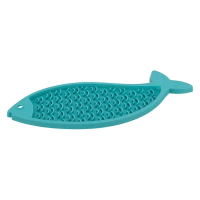 Türkisfarbene Silikonmatte in Fischform mit Noppenstruktur, geeignet für langsames Fressen oder Beschäftigung.