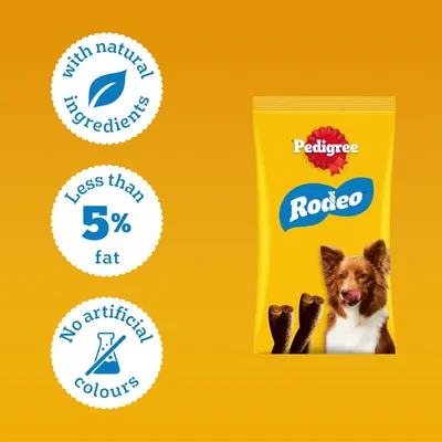 Pedigree Rodeo. Made with natural ingredients, less than 5% fat, no artificial colourings.