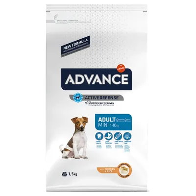 Advance Adult Mini 1–10 kg koiranruoka, Active Defense, with chicken & rice, 1,5 kg. Pakkauksessa pieni koira ja tekstit: dental health, easy digestion, ideal muscle mass, skin & coat care.