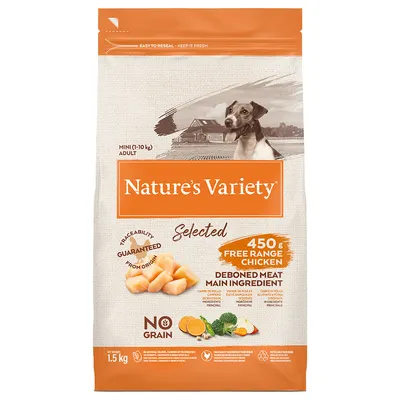 Nature's Variety Selected koiranruoka, 1,5 kg. 450 g vapaana kasvanutta kanaa, pääraaka-aineena luuton liha. Ei viljaa. Mini (1–10 kg) aikuisille koirille. Traceability guaranteed from origin.