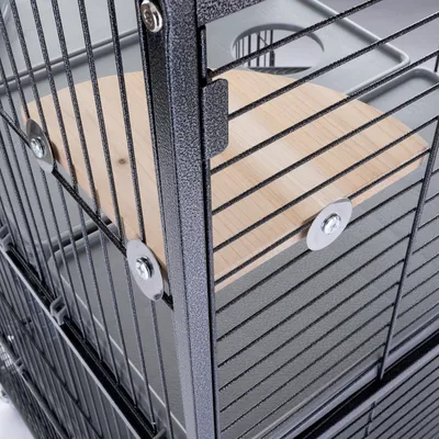 Close-up view of a cage with metal mesh walls and a wooden platform, secured with screws and washers.