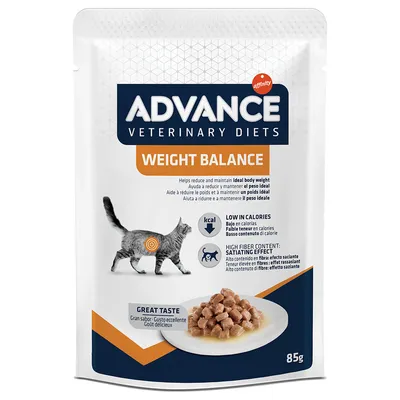 Advance Veterinary Diets Weight Balance, nízkokalorické, vysoký obsah vlákniny pro sytící efekt, příchuť: Great Taste, 85g. Obrázek kočky a podávané porce krmiva.
