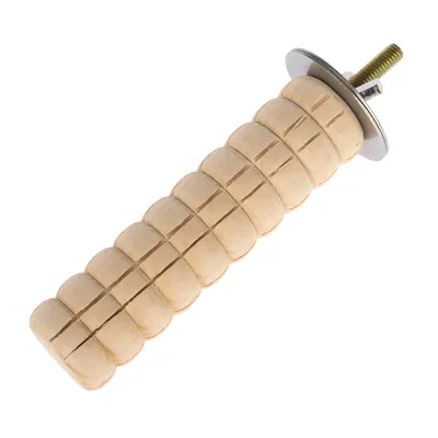 Mango de madera con superficie estriada y tornillo de fijación metálico, adecuado para montaje.