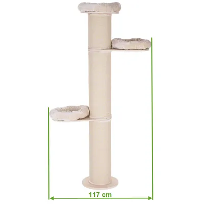 Cat tree with three resting platforms, height 117 cm. Beige fabric covers and sturdy post.