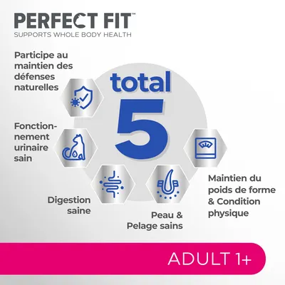 PERFECT FIT total 5 : défenses naturelles, fonctionnement urinaire sain, digestion saine, peau et pelage sains, maintien du poids de forme. ADULT 1+.