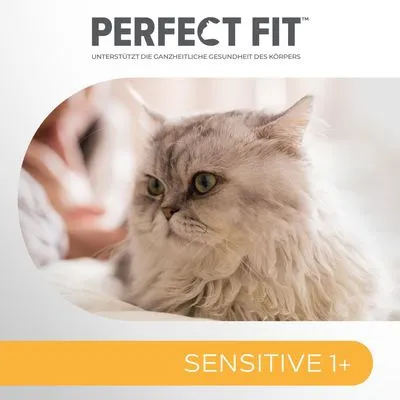 PERFECT FIT SENSITIVE 1+ kattenvoer, ondersteunt de gezondheid van het lichaam. Tekst in Duits: 'UNTERSTÜTZT DIE GANZHEITLICHE GESUNDHEIT DES KÖRPERS'.