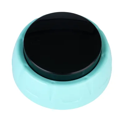 Buton rotund turcoaz cu suprafață neagră, posibil jucărie interactivă sau accesoriu.