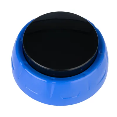 Buton rotund albastru cu suprafață neagră, potrivit pentru utilizare interactivă sau ca accesoriu.