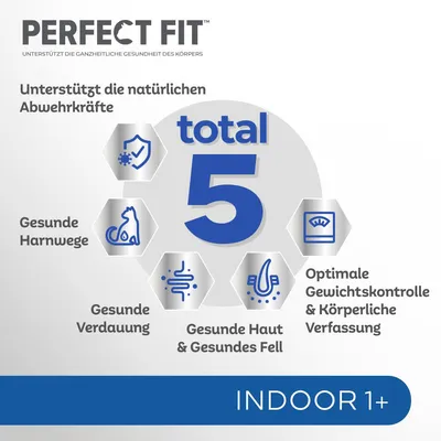 Perfect Fit Total 5: Unterstützt natürliche Abwehrkräfte, gesunde Harnwege, Verdauung, Haut und Fell sowie optimale Gewichtskontrolle. Geeignet für Indoor-Katzen ab 1 Jahr.