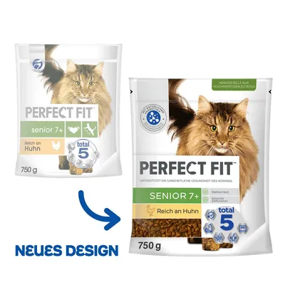 Perfect Fit Senior 7+ Katzenfutter, reich an Huhn, neues Design, 750g. Unterstützt die ganzheitliche Gesundheit des Körpers mit Total 5 Konzept.