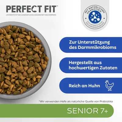 Perfect Fit Senior 7+ Trockenfutter. Unterstützt das Darmmikrobiom, hergestellt aus hochwertigen Zutaten, reich an Huhn. Mit natürlichen Präbiotika. Für ältere Katzen ab 7 Jahren.