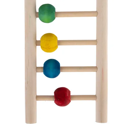 Structure en bois avec quatre boules colorées (vert, jaune, bleu, rouge) sur des tiges horizontales. Matériau visible : bois.
