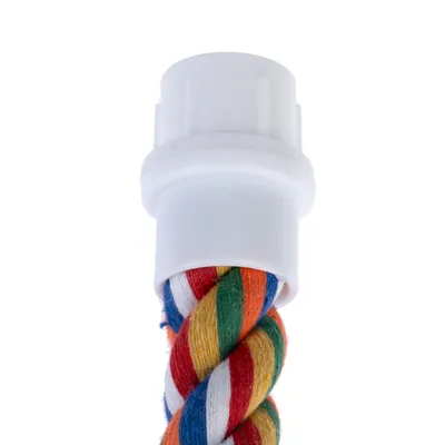 Corde torsadée multicolore avec embout en plastique blanc, sans marque visible ni texte apparent.