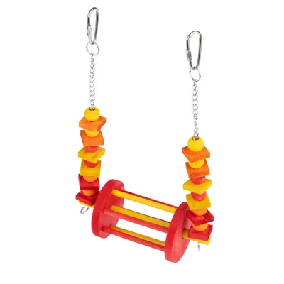 Hanging toy made of wood in red and yellow with metal chains and carabiner hooks, suitable for hanging.