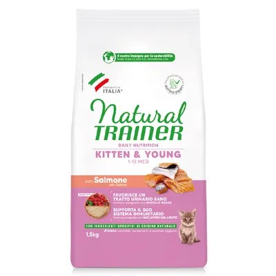 Natural Trainer Kitten & Young 1-12 meses con salmón, 1,5 kg. Apoya el tracto urinario y el sistema inmunitario. Sin colorantes, conservantes ni azúcares añadidos. Ingredientes de origen natural.