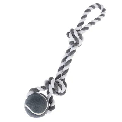 Spielzeug aus grauem und weissem Seil mit Knoten und integriertem grauen Tennisball.