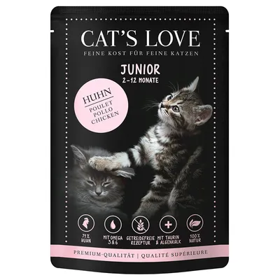 Cat's Love Junior cibo per gatti, pollo, per 2-12 mesi. 71% pollo, con Omega 3 e 6, senza cereali, con taurina e calcare d'alga, 100% naturale.