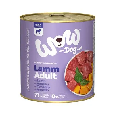WOW Dog Lamm Adult natvoer, blik met afbeelding van lamsvlees en groenten, tekst: 71% vlees & slachtafval, 0% toegevoegde granen, Made in Austria